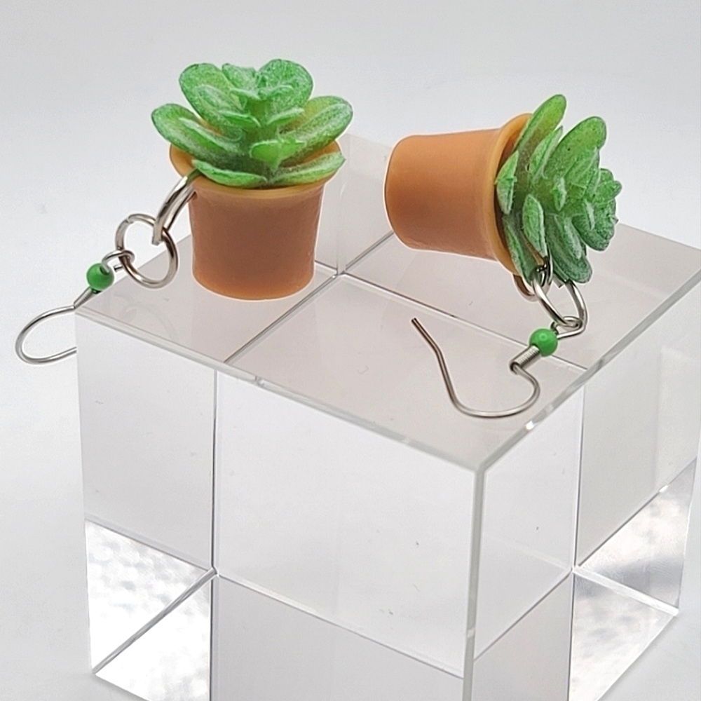 Hold 4 fiesty. Handcrafted Hen & Chicks Potted Plant Dangle Earrings